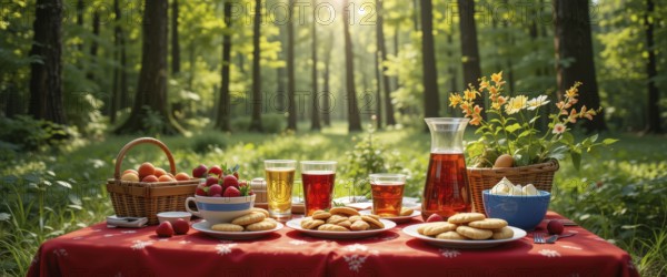 A vibrant picnic setup in a sunny forest clearing. A red tablecloth is laden with food, including fruit, cookies, and drinks, amid lush greenery and dappled sunlight, AI generated