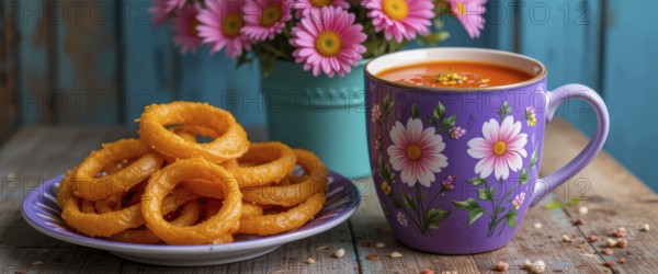 A delightful composition featuring onion rings, a floral-decorated mug with soup, and vibrant pink flowers, set on a wooden surface, AI generated