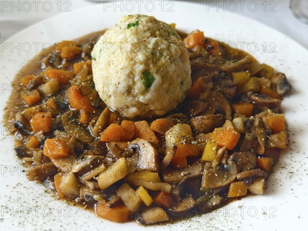 Vegetable stew with mushrooms and bread dumplings on a white plate, seasoned and served Lower Austria Austria