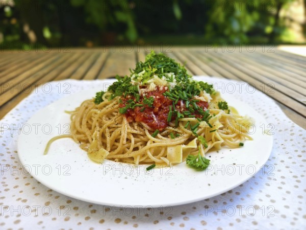 Fresh spaghetti with tomatoes and herbs on a plate outside on a wooden table Lower Austria Austria