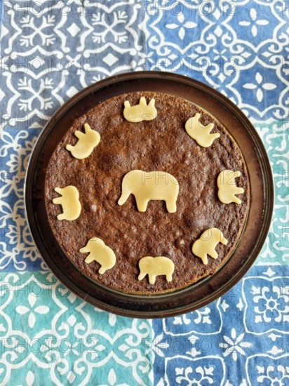 Round cake with elephant pattern made of chocolate dough on colourful cloth Lower Austria Austria