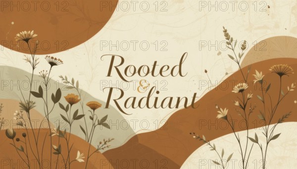 An artistic illustration features the words Rooted & Radiant with floral elements, creating a harmonious and aesthetically pleasing design, AI generated