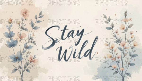 A serene watercolor artwork with the words Stay Wild elegantly written amidst delicate floral elements, perfect for nature-inspired designs, AI generated