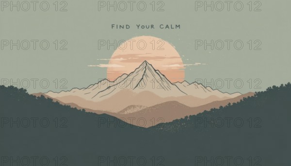 A serene illustration of mountains and a setting sun, conveying a message of tranquility and finding inner peace, AI generated