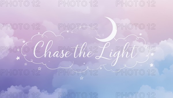 A dreamy scene with clouds, stars, and a crescent moon in pastel colors, featuring the phrase 'Chase the Light', AI generated