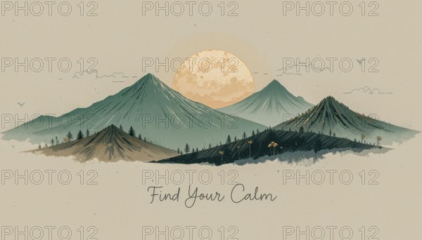 A serene watercolor illustration of mountains with a sunset, evoking peace and tranquility, AI generated