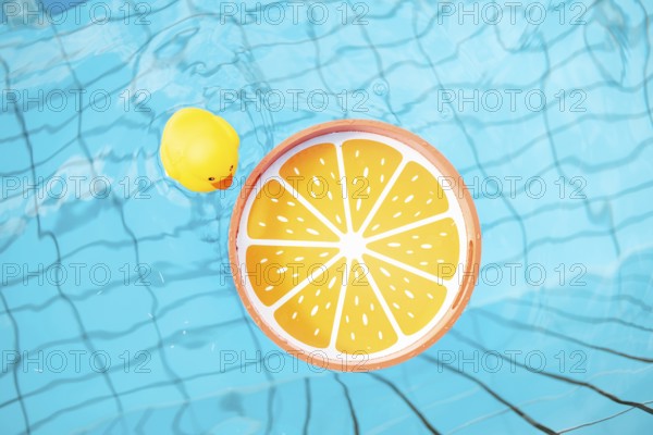 Orange tray and yellow rubber duck in the pool
