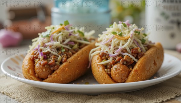 Close-up of two gourmet hot dogs on a plate, topped with coleslaw and other delicious ingredients, perfect for food photography, AI generated