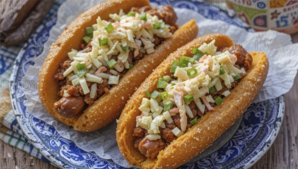 Delicious chili cheese dogs on a decorative plate, a tasty and visually appealing meal ready to be enjoyed, AI generated