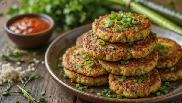 A close-up shot of a stack of delicious, golden-brown veggie cakes topped with fresh green onions, served with a small bowl of sauce, AI generated
