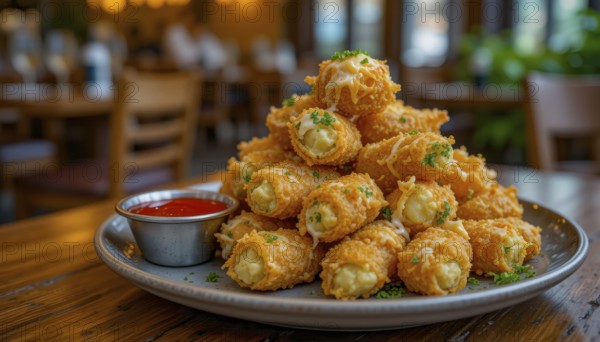 A close-up shot of a plate of fried, cheesy appetizers with a side of dipping sauce, set on a wooden table in a restaurant, AI generated