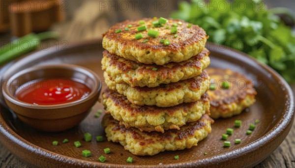 A close-up shot features a stack of golden-brown patties garnished with chives and served with a small bowl of ketchup, creating a visually appealing and delicious composition, AI generated