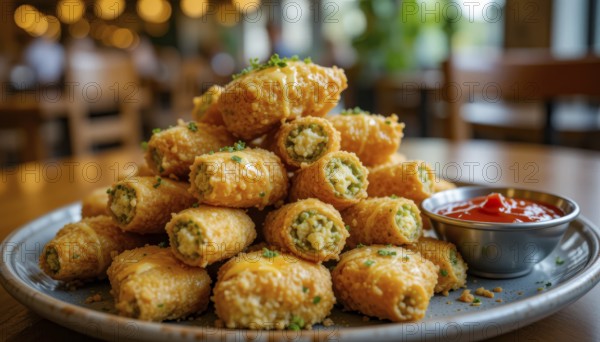 A close-up shot of a pile of fried appetizers, served with a side of ketchup. The restaurant setting is subtly blurred, AI generated