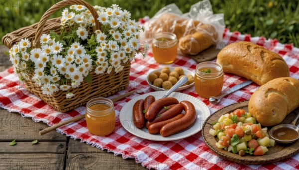 A vibrant picnic scene unfolds, featuring sausages, bread, vegetables, juice, and a basket of flowers on a red checkered cloth, AI generated