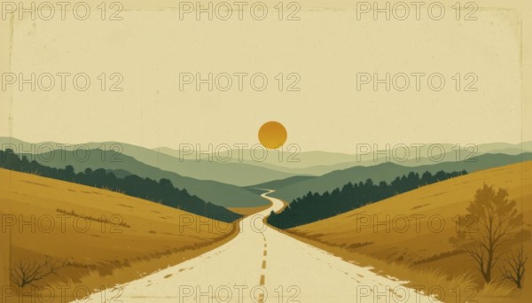 An illustration of a winding road through a valley towards a sunset. The image has a vintage, minimalist aesthetic, AI generated