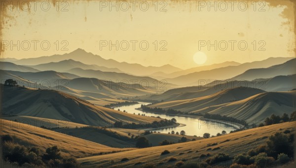 A stunning vista of rolling hills and a winding river, bathed in the warm glow of a sunrise, capturing a serene and peaceful landscape, AI generated