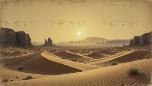 A vast desert landscape at sunset, with towering rock formations and rolling sand dunes under a warm, golden sky, AI generated
