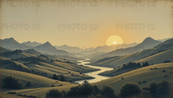 A scenic landscape featuring a winding river, rolling hills, and a majestic sunset. It's a serene, natural view of the environment, AI generated