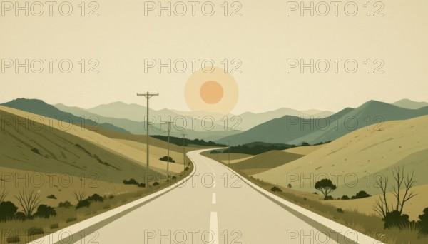 A serene landscape painting depicts a winding road leading toward a setting sun, framed by rolling hills and distant mountains, AI generated