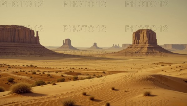 A stunning desert landscape with iconic buttes under a warm, clear sky, featuring the classic American Southwest scenery, AI generated