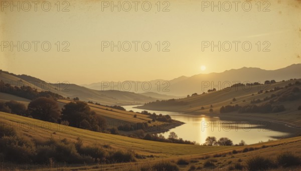 A serene landscape captures a golden sunset over rolling hills and a tranquil lake, evoking peace and natural beauty, AI generated