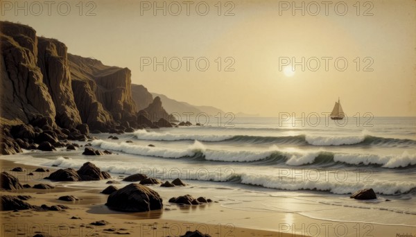 A serene coastal scene at sunset with a sailboat on the horizon. Rugged cliffs frame the beach, AI generated