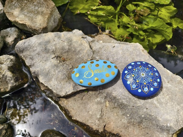 Two decorated stones on a rock by the water with plants in the background Lower Austria Austria
