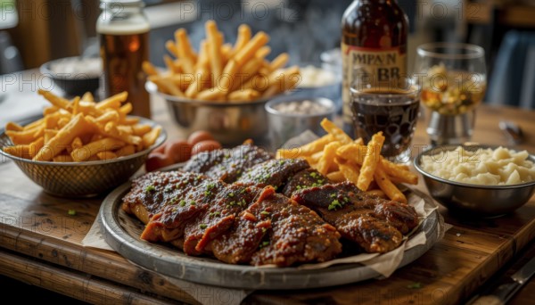A delectable spread features ribs, fries, and drinks, inviting viewers to savor the flavors of a hearty meal, AI generated