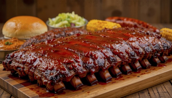 A mouthwatering shot of barbecue ribs glistening with sauce, alongside cornbread, coleslaw, and other barbecue staples, perfect for a food-themed project, AI generated