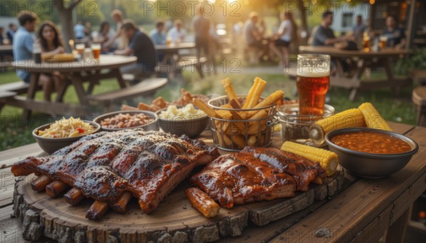 A mouthwatering barbecue spread is laid out on a wooden table, inviting diners to enjoy a festive outdoor meal, AI generated