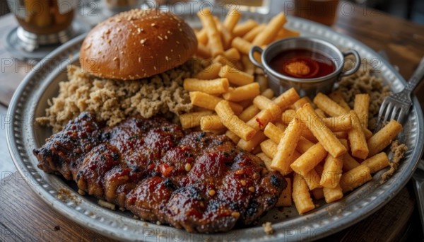 A close-up shot of a delicious meal on a plate, featuring grilled meat, fries, mac and cheese, and a burger bun, perfect for food photography, AI generated