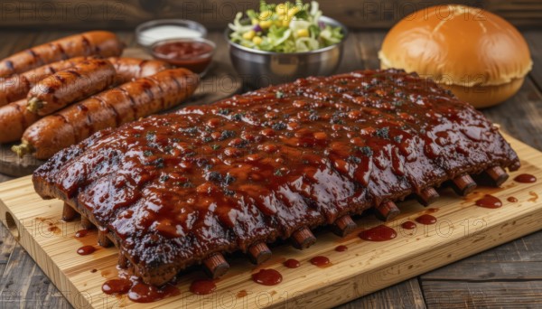 A delicious barbecue feast featuring a rack of ribs glazed with sauce, sausages, salad, condiments, and a bun, all on a wooden board, AI generated