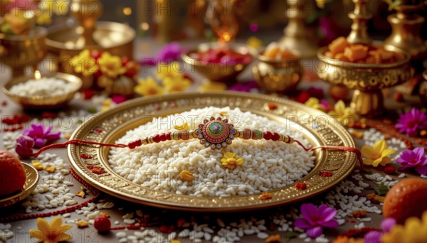 A vibrant Raksha Bandhan still life featuring a decorated plate, sweets, and flowers, celebrating the festival, AI generated