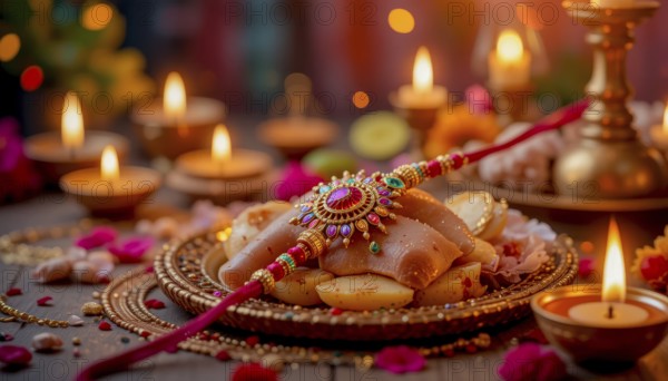 A beautiful Raksha Bandhan arrangement featuring a decorated plate, a rakhi, candles, and festive decorations. The soft focus highlights the celebratory mood, AI generated
