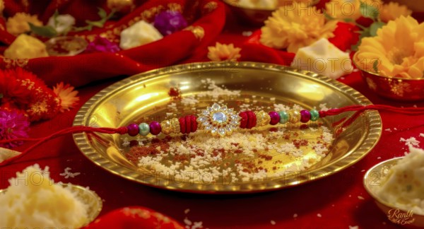A close-up shot of a decorative rakhi placed on a golden plate with traditional Indian sweets and flowers, captured during the festival, AI generated