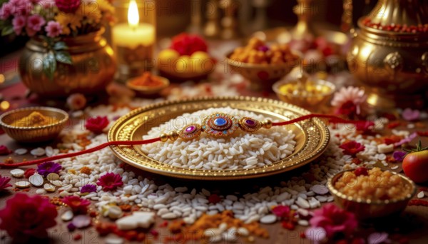 A beautifully decorated Raksha Bandhan setting with a decorated plate, rice, flowers, candles, and festive treats, symbolizing the celebration, AI generated