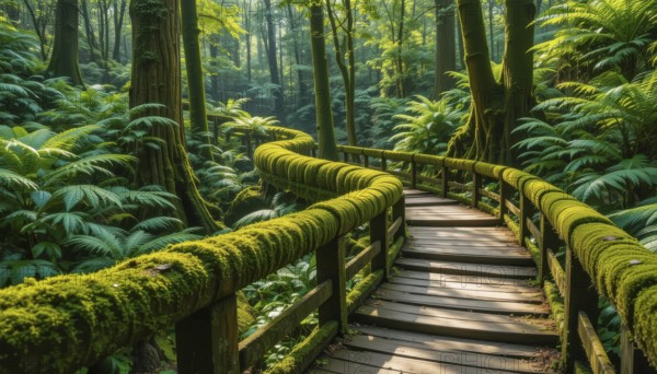 A winding wooden walkway, covered in moss, meanders through a lush, vibrant green forest, creating a tranquil, inviting scene, AI generated
