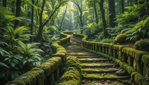 A winding moss-covered stone staircase meanders through a lush, verdant forest, bathed in soft sunlight filtering through the trees, AI generated