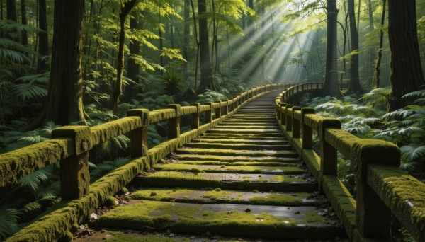A tranquil forest scene featuring a moss-covered bridge bathed in sunlight, creating a serene and inviting atmosphere, AI generated