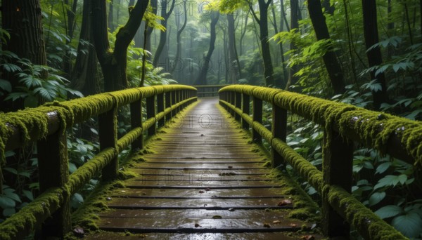 A wooden bridge covered in moss leads into a lush, vibrant green forest on a foggy day. The bridge's railing is covered in bright green moss, AI generated