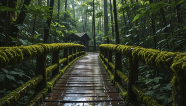 A picturesque wooden bridge winds through a lush, vibrant green forest, leading towards a charming cabin in the distance, AI generated