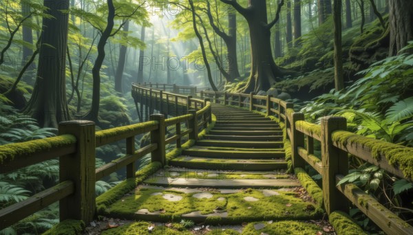 A wooden staircase winds through a lush, green forest, illuminated by sunlight. Moss covers the railings and path, creating a serene, natural scene, AI generated