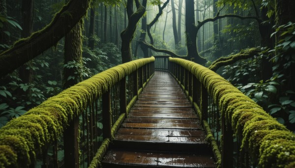 A wooden bridge covered in moss leads into a misty forest, creating a tranquil and inviting scene, AI generated