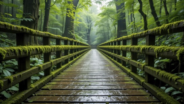 A serene, wooden bridge in a lush, green forest, with moss-covered railings and a misty atmosphere, AI generated