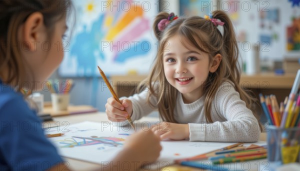 A young girl smiles while painting in art class with a friend. They are using pencils and paint, AI generated