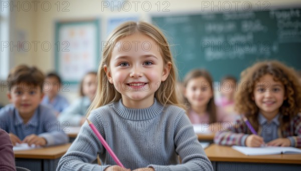 A young girl smiles brightly in a classroom, surrounded by classmates, embodying the joy of learning. A pink pencil is in her hand, AI generated