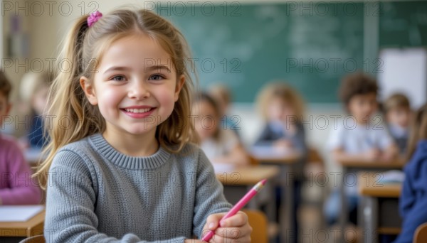 A smiling girl in a classroom holds a pencil, surrounded by classmates. The scene captures a moment of joy and learning in education, AI generated