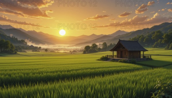 A serene sunrise bathes a Japanese farmhouse in golden light, overlooking lush rice fields and misty mountains, AI generated