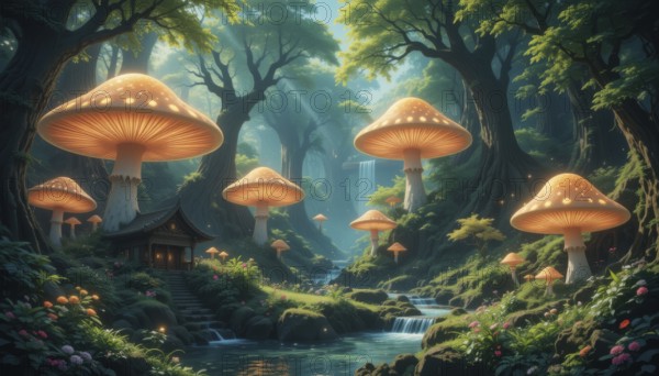 A whimsical forest scene features glowing mushroom houses, a flowing river, and lush greenery, creating a magical and enchanting atmosphere, AI generated
