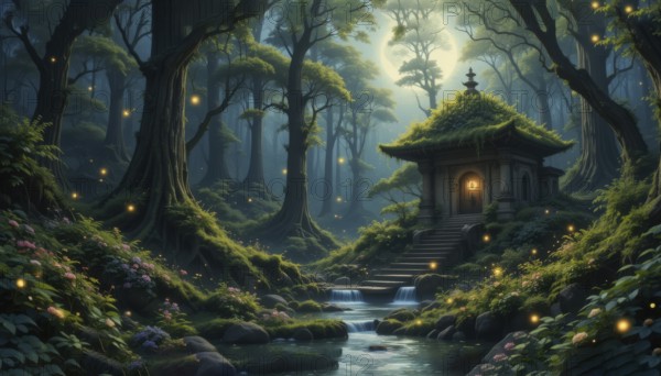 A serene forest scene featuring a mystical building with steps leading up to it, and a stream flowing by, surrounded by lush greenery, AI generated